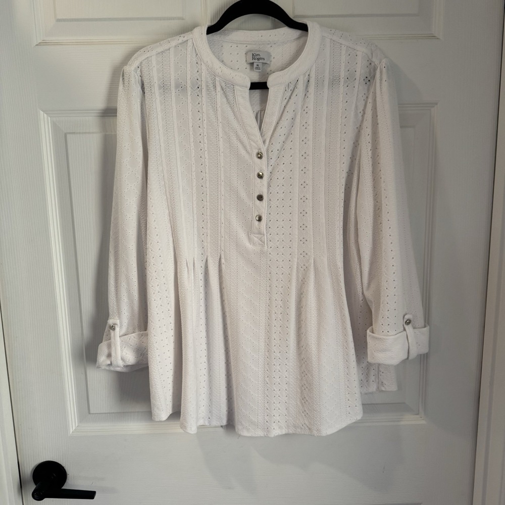 Kim Rogers White Babydoll Pin-tuck Eyelet womens‎ top XL Cottagecore